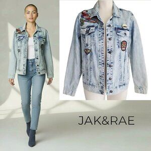 Jak & Rae Acid Wash Trucker Jean Jacket Embroidered & Sequin Patches SM